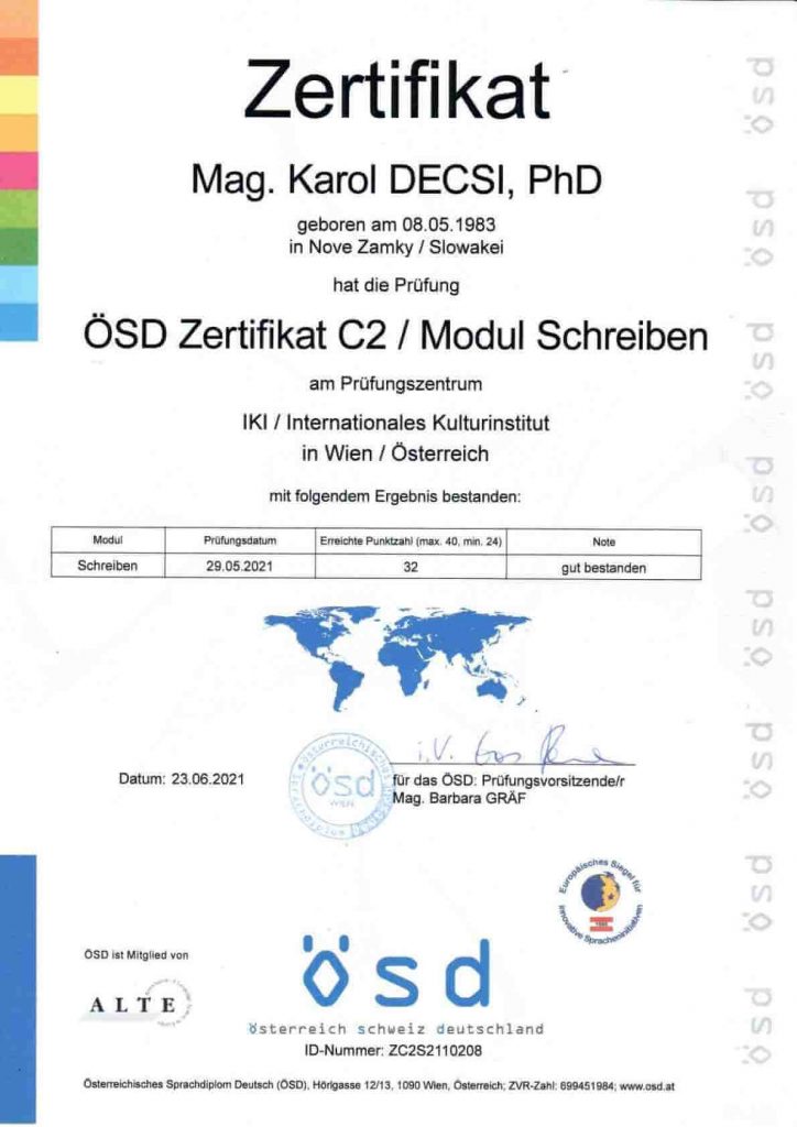 Certifikát z písania - nemecký jazyk C2
