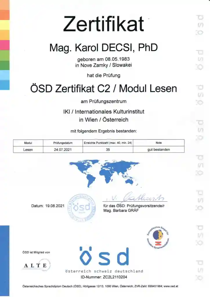 Certifikát z nemeckého jazyka od OSD - časť Lesen
