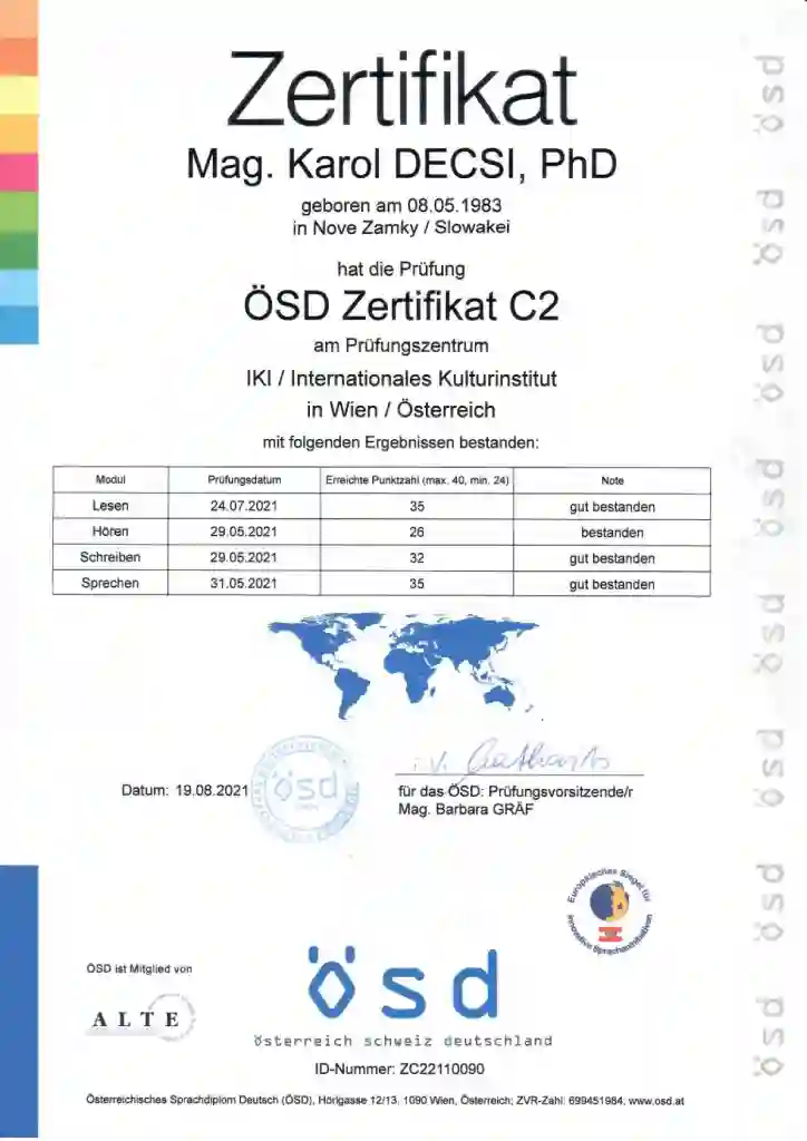 Certifikát od OSD z nemčiny na úrovni C2