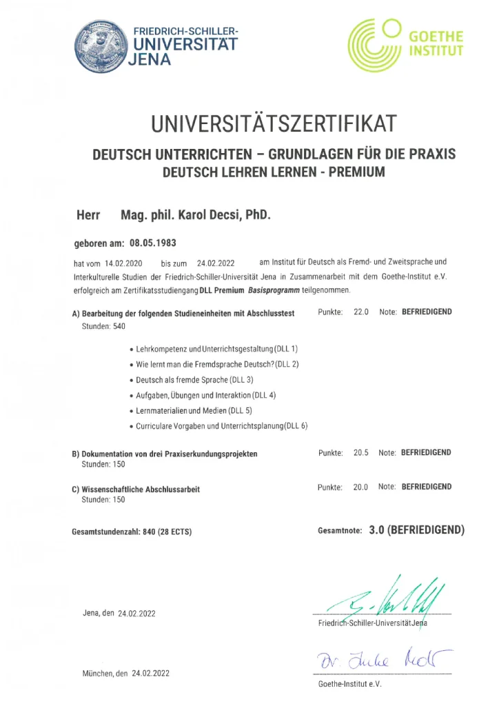 Certifikát z univerzity z nemeckého jazyka